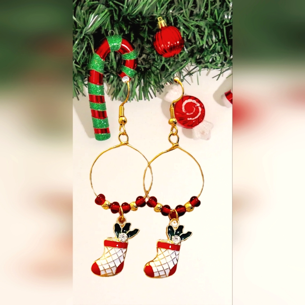 Cute Christmas Stocking Hoop Earrings - Handmade